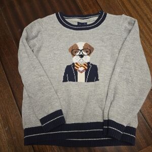 Janie and Jack Gray Crewneck Sweater with Dog and Navy Trim